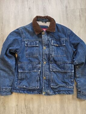 Wrangler Jean Jacket Mens Sm Blue Sherpa Lined Barn Chore Coat Corduroy Collar